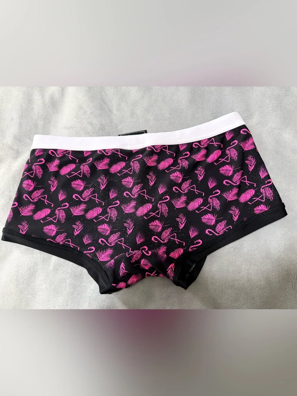 Andrew Christian Black Square Cute bathing suit with Pink Flamingo Print. Mens M